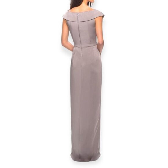 LA FEMME Surplice Off The Shoulder Column Gown In Pewter Size 0 NEW - Picture 8 of 13